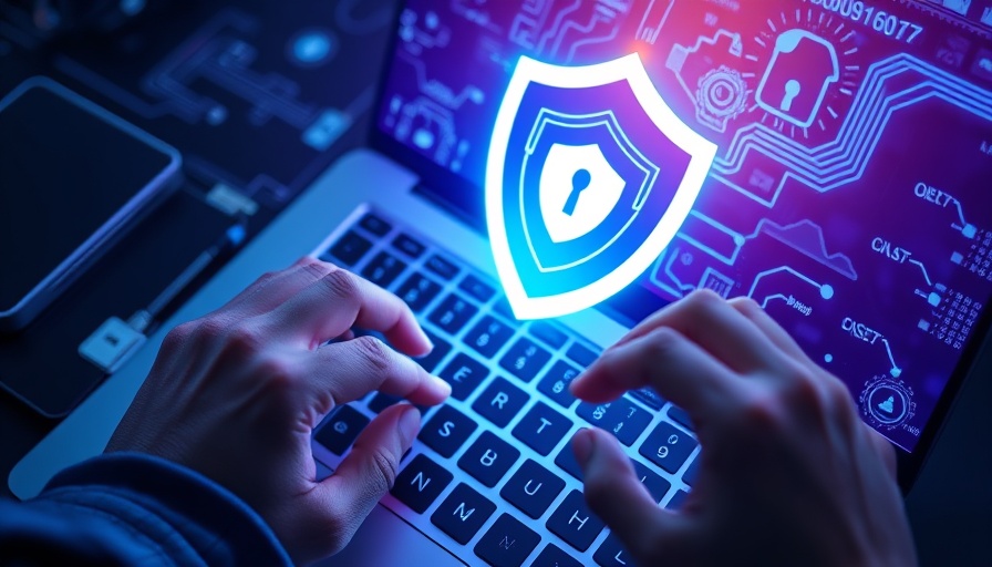 AI Agent-led Interviews: Hands typing on a laptop with digital shield.