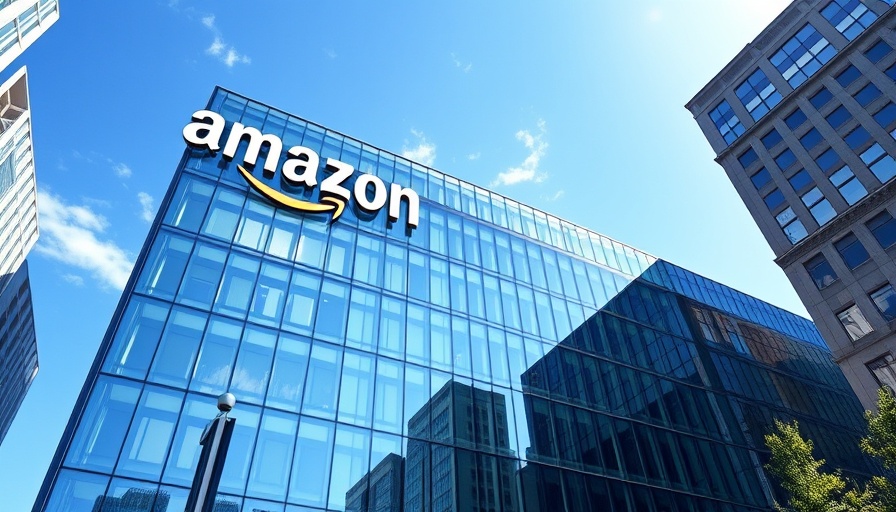 Modern Amazon office building reflecting blue sky.