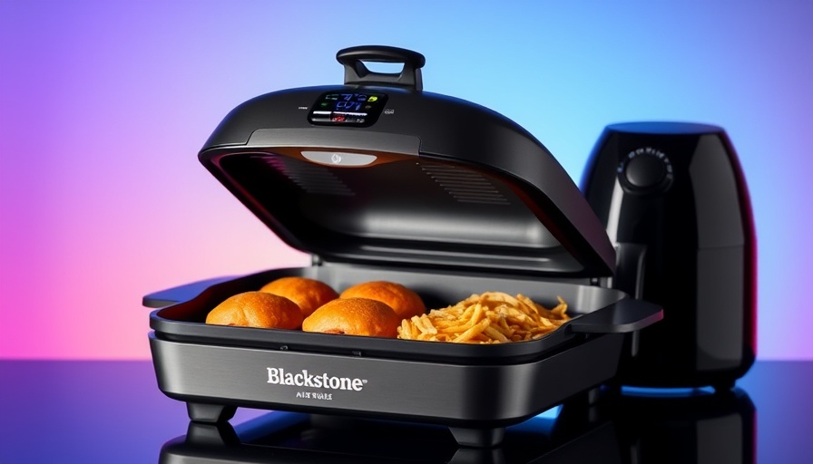 Blackstone Griddle Air Fryer Combo with open lid on vibrant background.