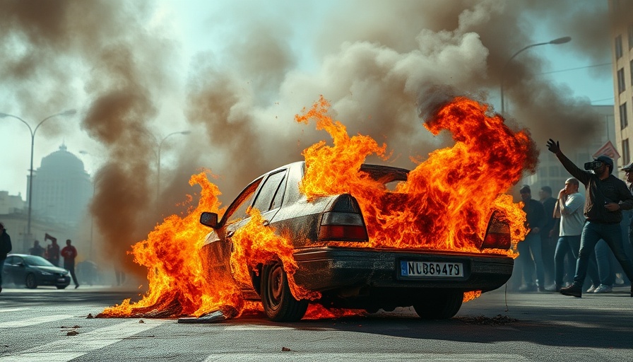 Burning car amid a protest about Waymo data practices and privacy.