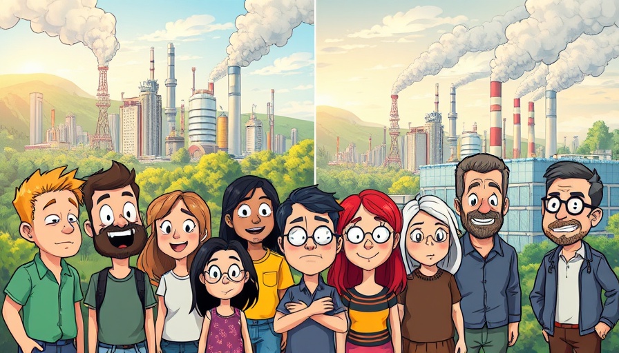 Cartoon contrasting AI's environmental impact with green city and pollution.