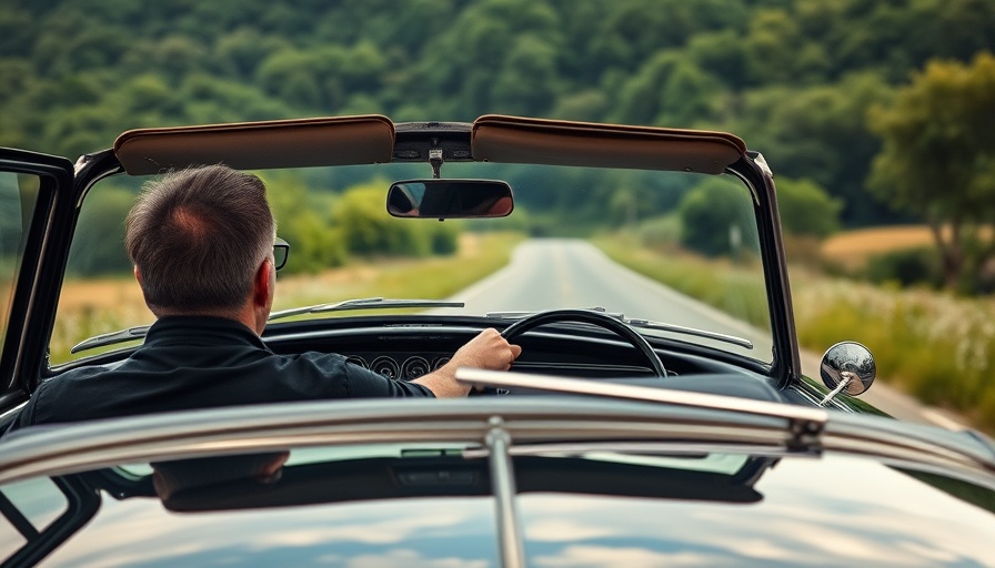 Vintage car with driver alongside scenic landscape.