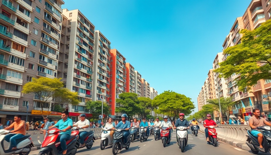 Urban cityscape with scooter riders in front of tall buildings.