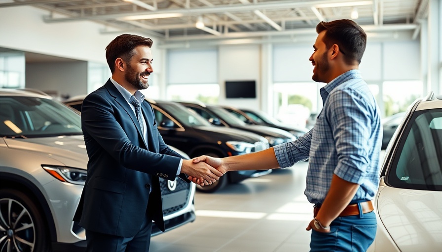 Auto marketers in a handshake at showroom, tariff proofing education context.