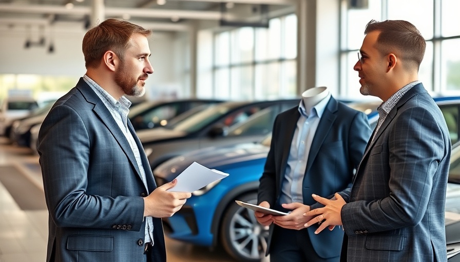 Auto marketer educating consumer in a showroom, tariff-proofing focus.