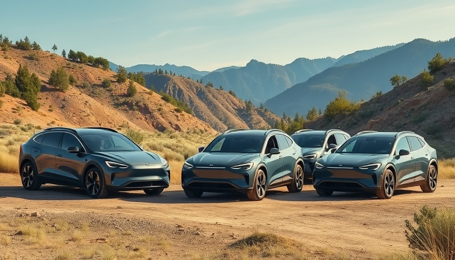 Multiple Rivian EVs in a scenic landscape, highlighting used Rivian EVs supply challenges.