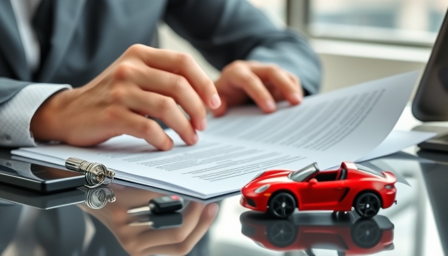 Professional examining vehicle history reports with car key and toy car.