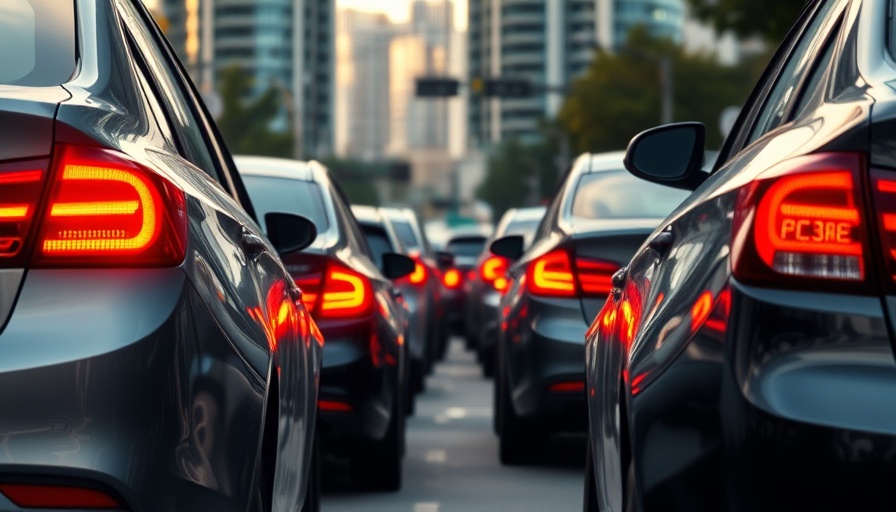 Cars in line on a city street, brake lights visible, illustrating California auto dealers processing fees context.