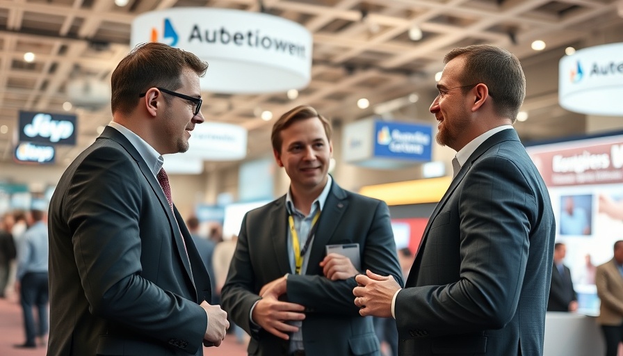 Business leaders discussing AI integration at a conference.