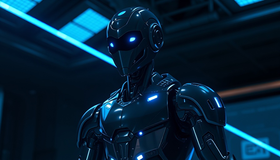 Futuristic humanoid robot in a tech environment with blue laser.