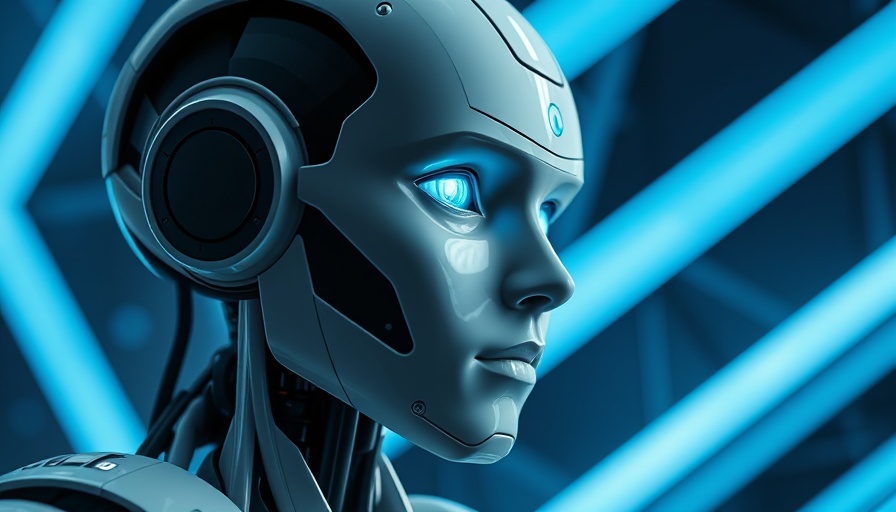 Futuristic robot contemplating AI protocol background