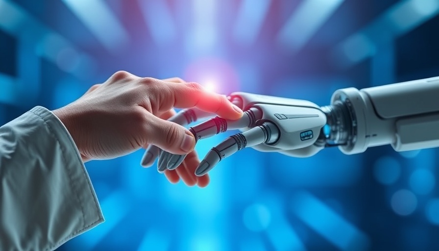 AI transformation in telecommunications depicted by human and robotic hands touching.
