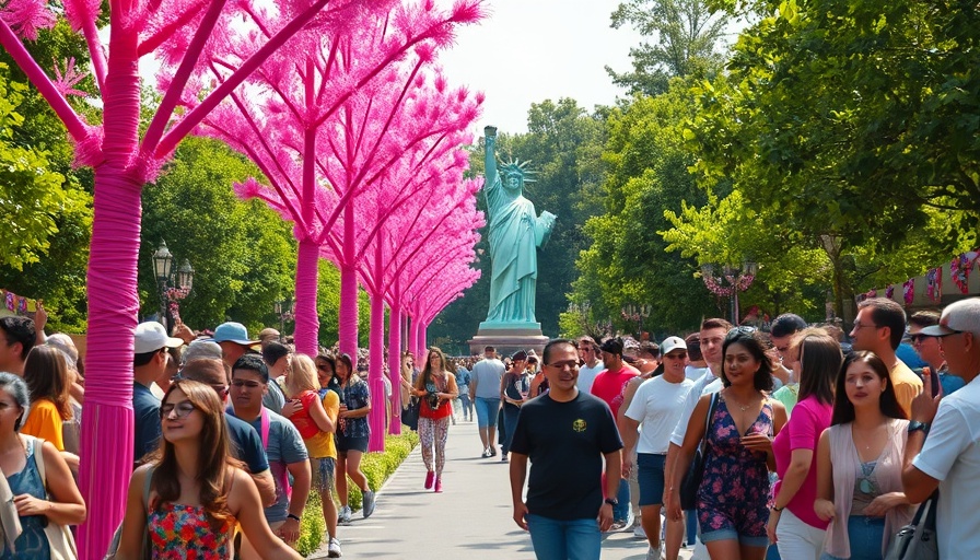 Gov Ball 2025 brand activations vibrant path with pink trees.
