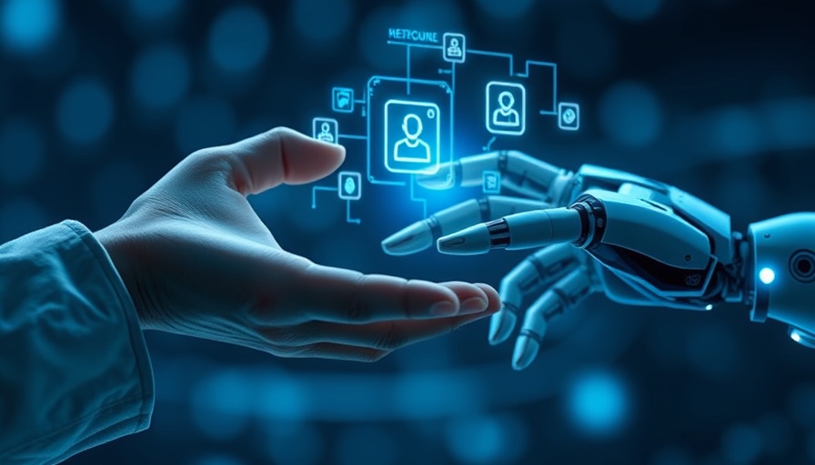Human and robot hands interact with AI hologram, symbolizing AI Customer Service Experience.