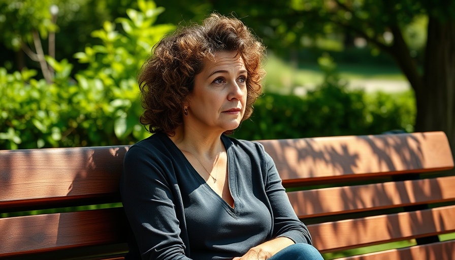 Contemplative woman on park bench, AI in city governance concept