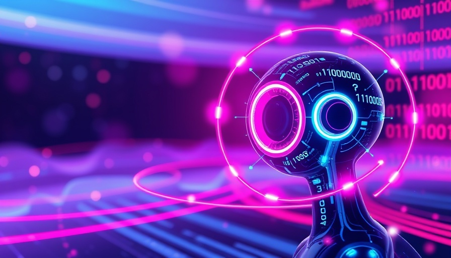 Futuristic AI with neon orbits and binary code on abstract background.