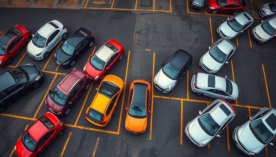 Aerial view of cars in a parking lot, new vehicle prices context.