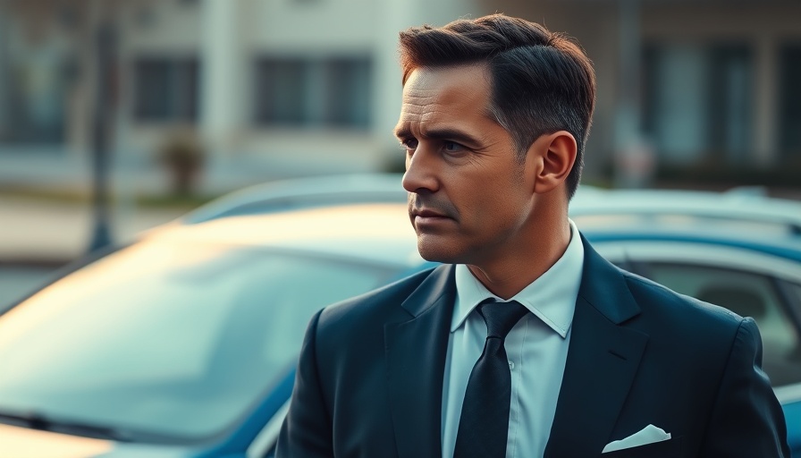 Renault CEO contemplating next to blue car, cinematic style.