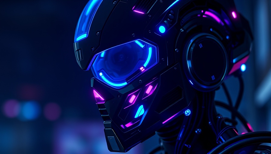 Futuristic robotic helmet with neon lights, gen-AI-powered Auto Review.