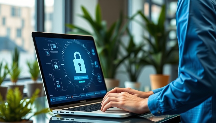 Cybersecurity in auto financing: Professional using laptop with digital security interface.