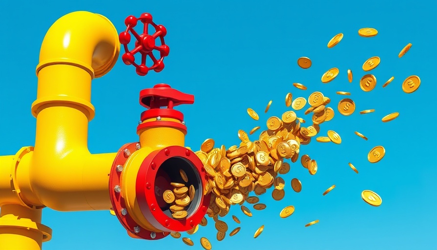 Investment flow through pipe with coins and valve symbolizing control, blue sky background.