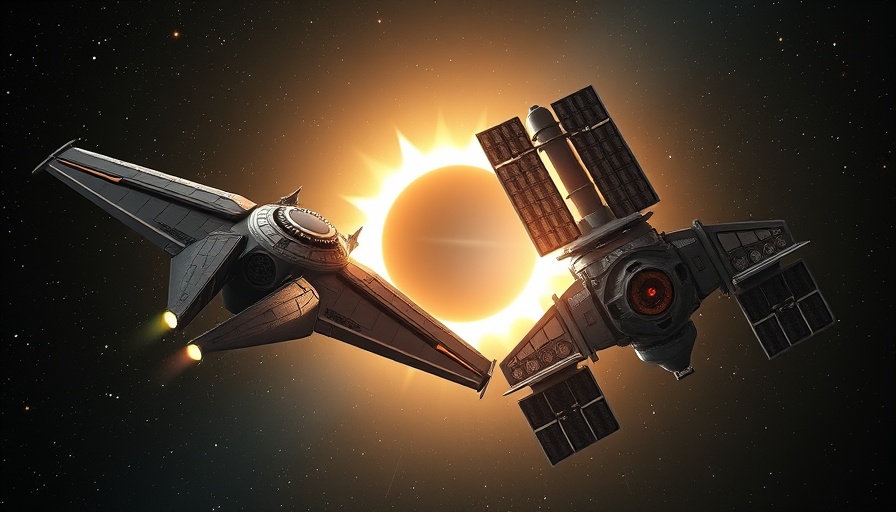 Spacecraft creating artificial solar eclipse with luminous corona.