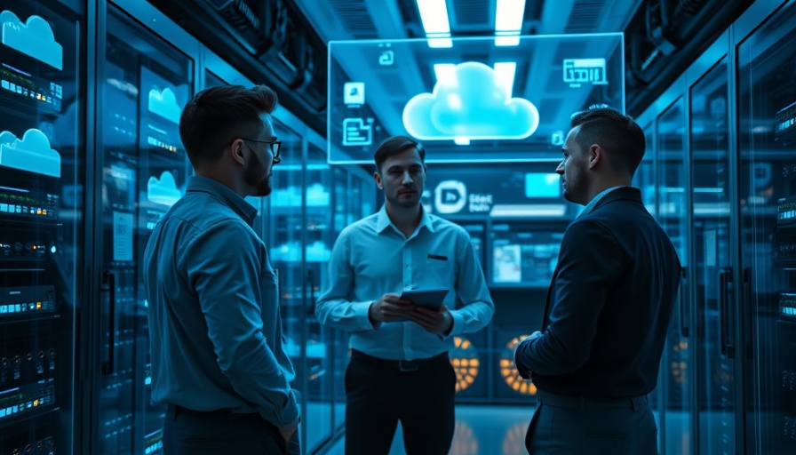 Business professionals discuss digital data in a high-tech server room.