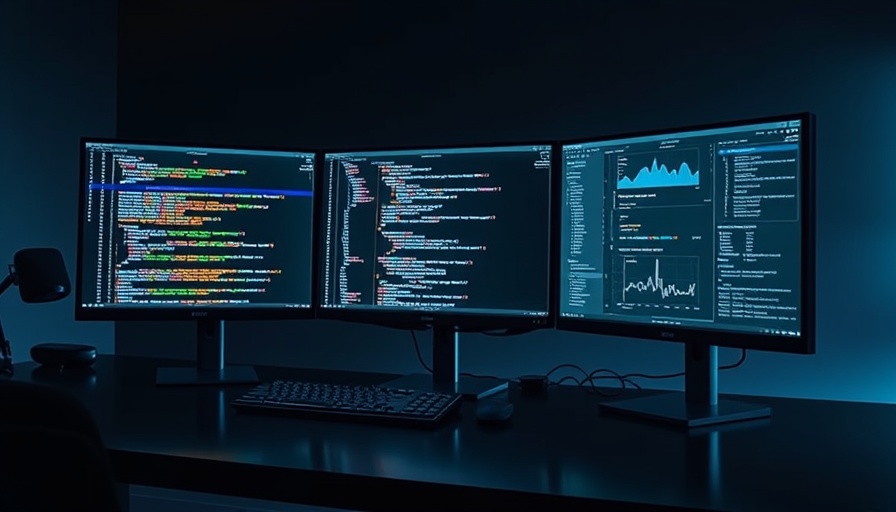 Triple monitor setup displaying AI-powered pull request security tool in modern workspace.