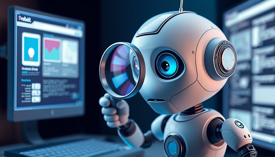 3D cartoon robot examining browser windows in a digital scene