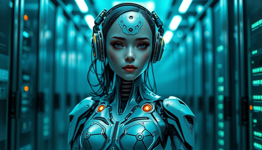 Futuristic android in glowing server room, emphasizing technology