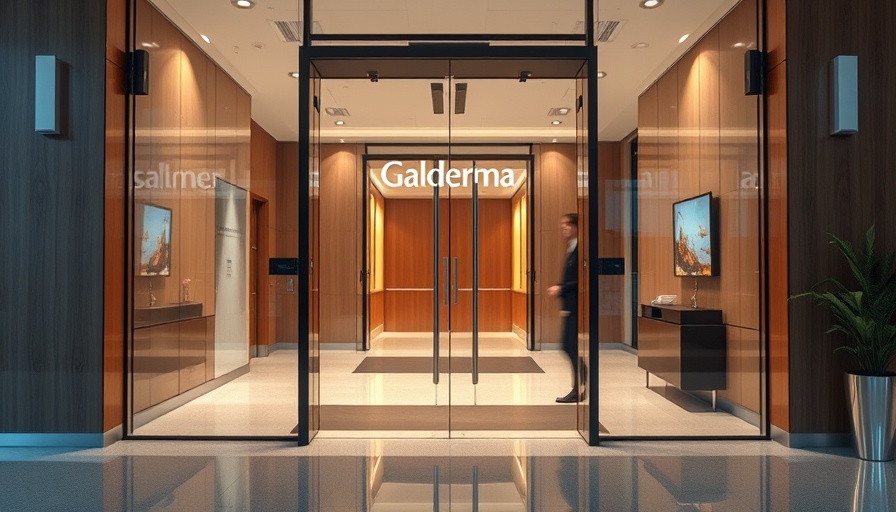 Entrance of Galderma new headquarters Florida with glass doors.