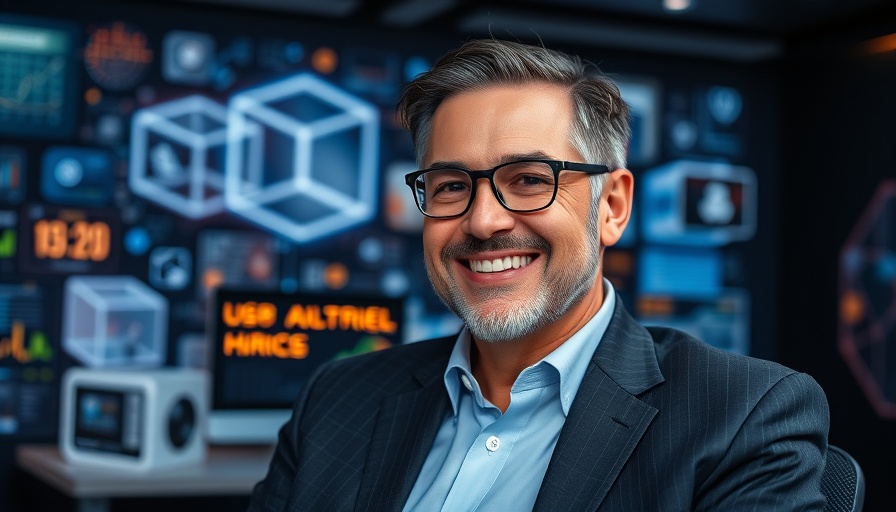 Professional in tech studio with digital graphics, Fortinet cybersecurity innovation