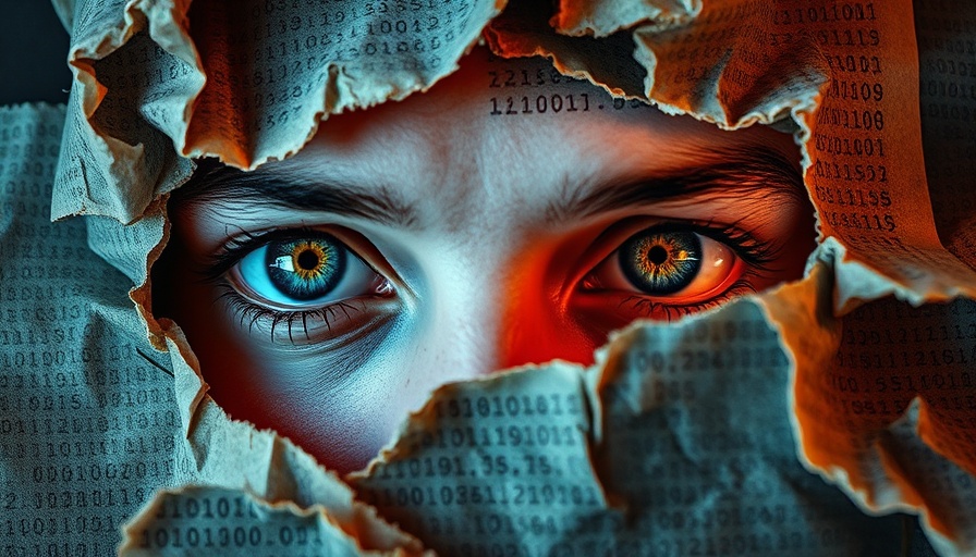 Surreal collage on tech-facilitated abuse with eyes and binary code.