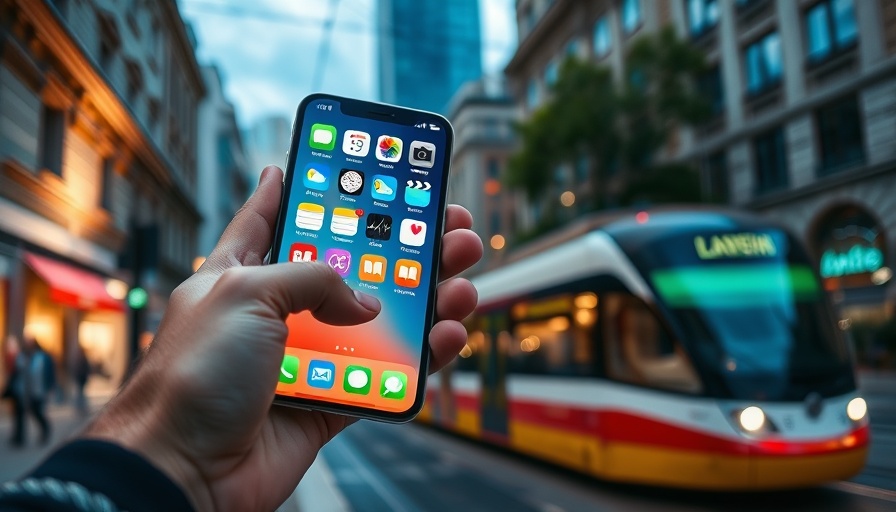 AI features coming to iOS 26: Smartphone showcasing app icons in city backdrop.