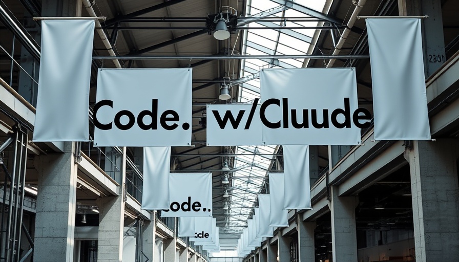 Banners displaying 'Code w/Claude' in an industrial hallway.