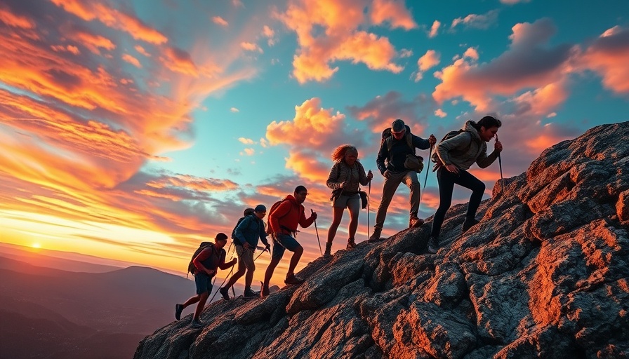 Group of hikers ascending a rocky cliff at sunset, symbolizing leadership.