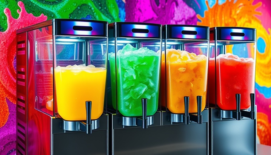 Modern slushie machines dispensing colorful drinks, 2025 model.