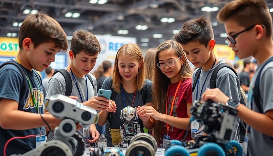 Students participating in RoboCupJunior 2025 robotics competition in event hall.