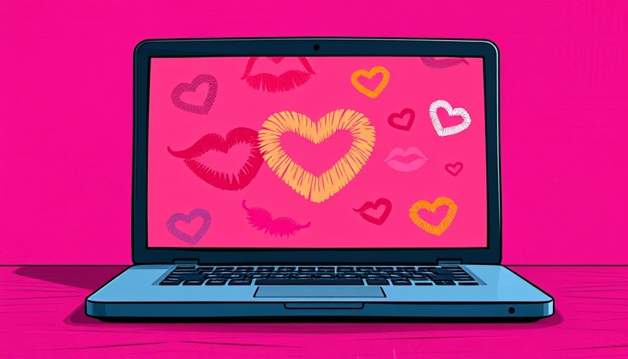Digital art of a laptop with kiss marks on screen, AI chatbots theme.