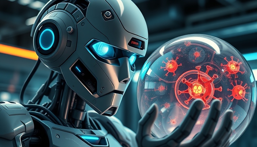 AI robot interacting with biohazard device in high-tech lab.