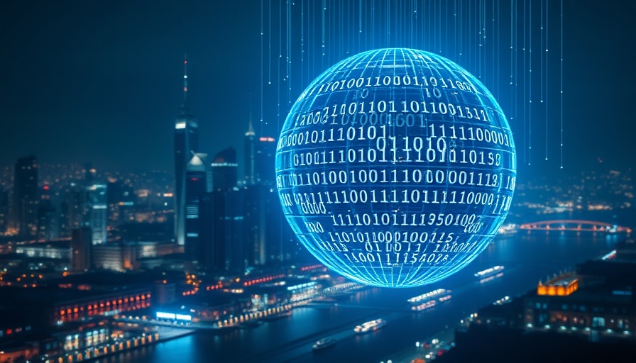 Digital sphere of binary code over cityscape symbolizing AI risks.