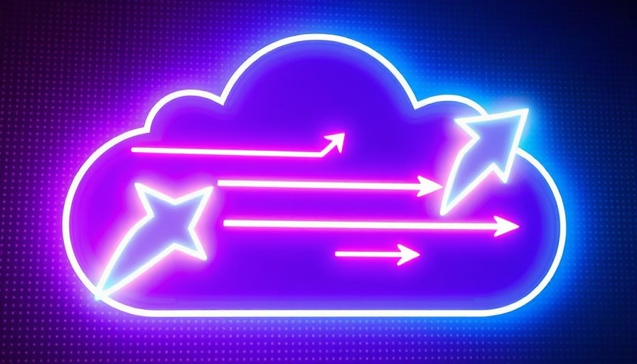 Glowing neon cloud with arrows, AI-powered RCM platforms concept.