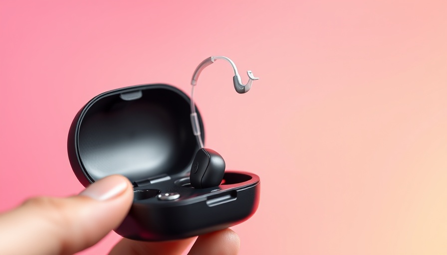 Modern hearing aid held above open case with vibrant background.