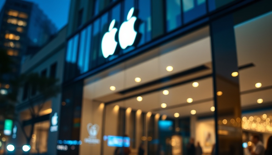 Apple logo on storefront with blurred lights, evening view.