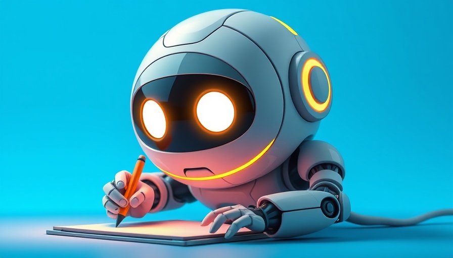 Futuristic AI research assistant tool robot writing with a pencil.