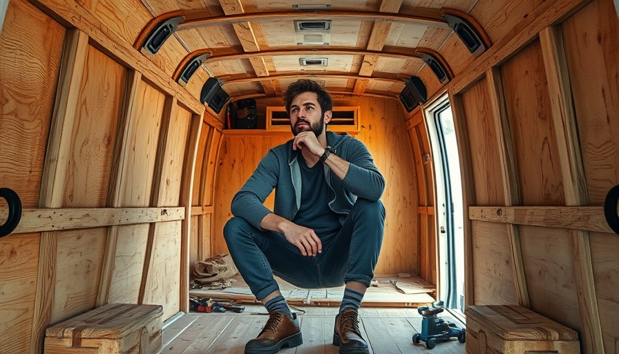Carpenter in unfinished van interior, reflecting on design.