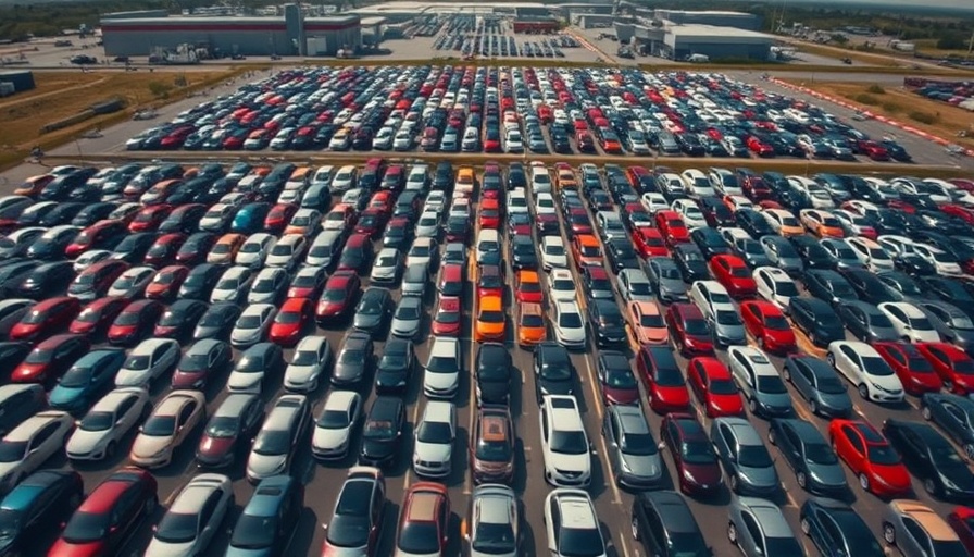 Aerial view of cars in a large parking lot for 2025 auto sales forecast.