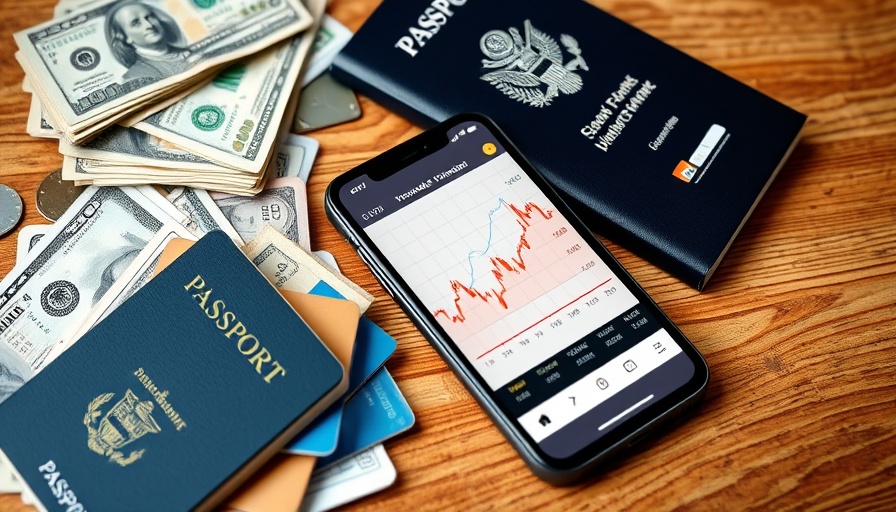 Financial essentials, cash, cards, passport with stock chart, learning how to clear a red flag.