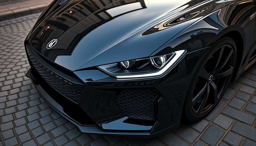 Close-up of sleek black car front with modern headlight.