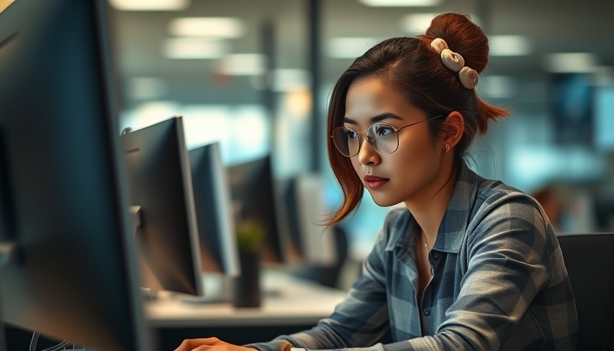 Young woman focused on computer work in office setting.